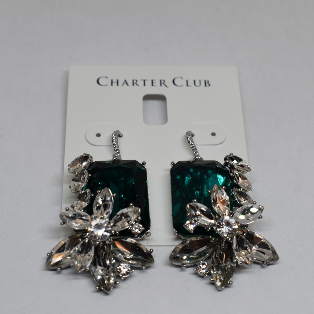 Silver-Tone Emerald Crystal & Stone Drop Earrings